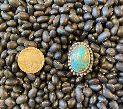 Turquoise & Silver Oval Beaded Ring Size